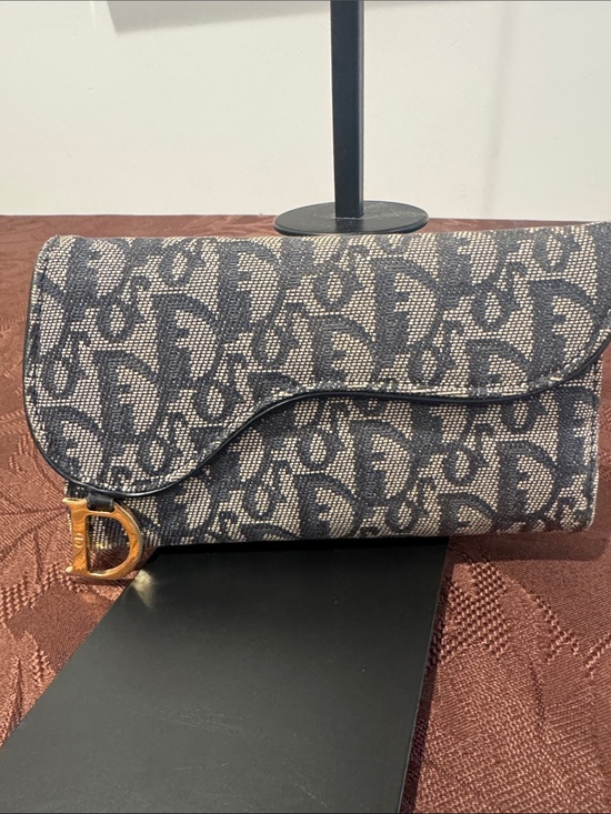 Dior Handbags - Dior Navy/Beige Oblique Canvas Saddle Wallet